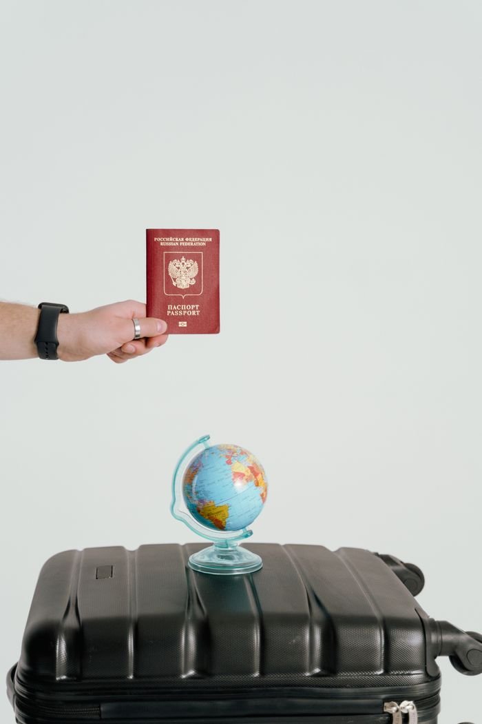 Home Passport, globe, and suitcase symbolize travel and adventure aspirations.